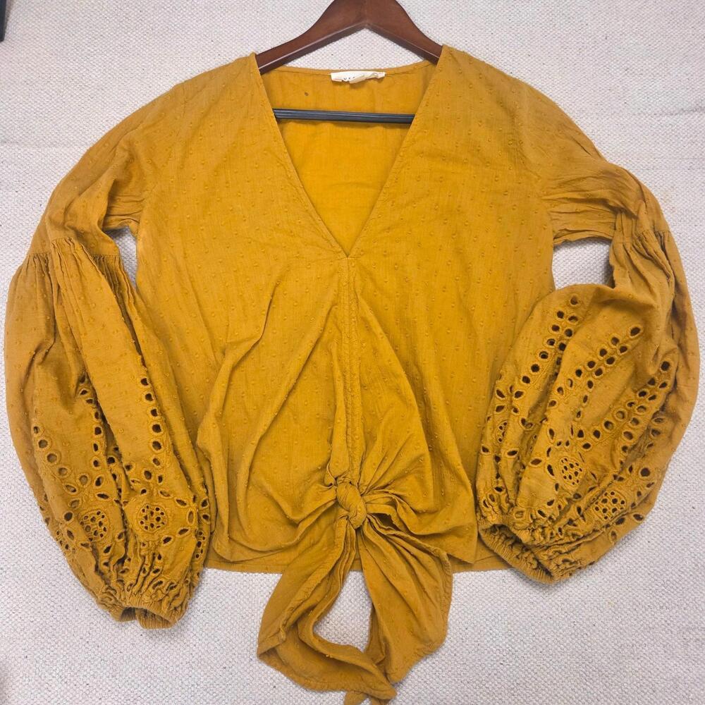 Lovestitch Women's Small Mustard YellowRhapsody Cotton Balloon Sleeve Tie Blouse